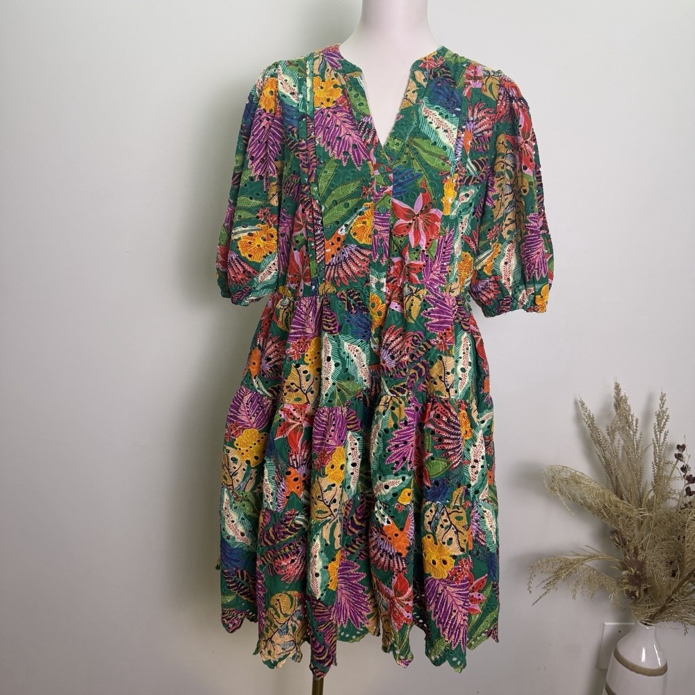 Gibson Latimer Green Tropical Embroidered Eyelet Cotton Mini Dress Large Pockets